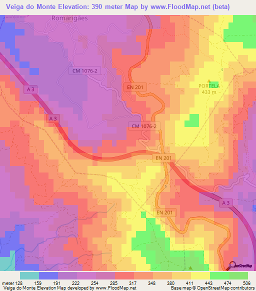 Veiga do Monte,Portugal Elevation Map