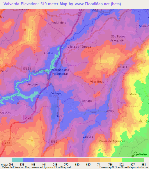 Valverda,Portugal Elevation Map