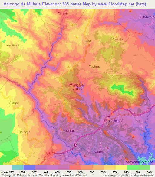 Valongo de Milhais,Portugal Elevation Map