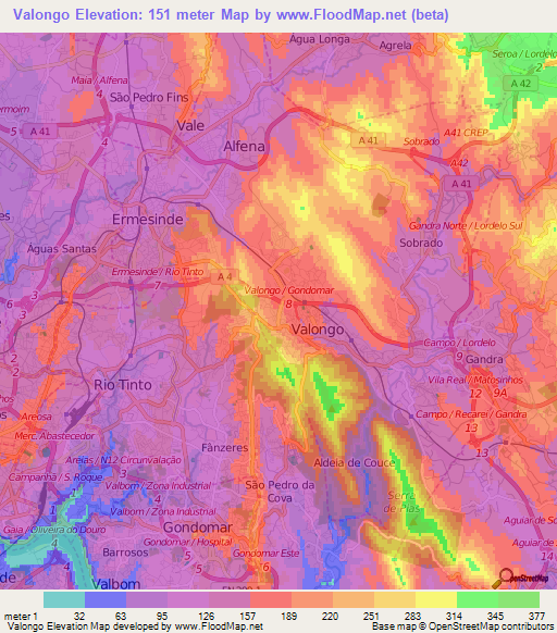 Valongo,Portugal Elevation Map