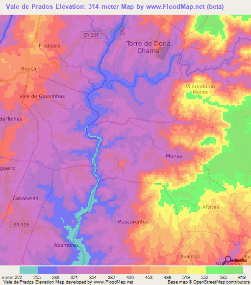 Vale de Prados,Portugal Elevation Map