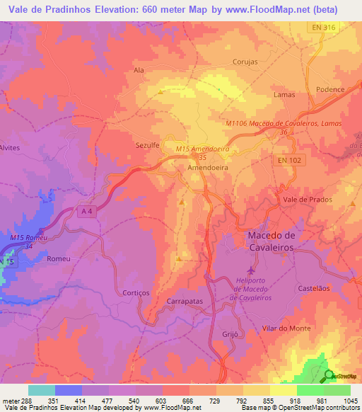 Vale de Pradinhos,Portugal Elevation Map