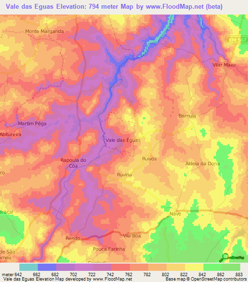 Vale das Eguas,Portugal Elevation Map