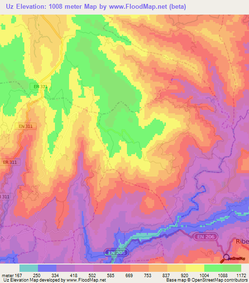 Uz,Portugal Elevation Map