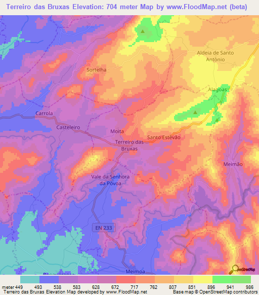 Terreiro das Bruxas,Portugal Elevation Map