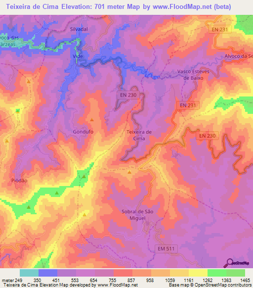 Teixeira de Cima,Portugal Elevation Map