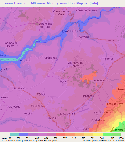 Tazem,Portugal Elevation Map