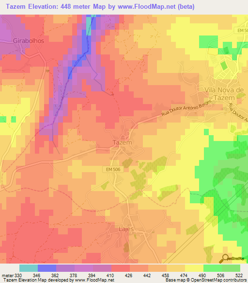 Tazem,Portugal Elevation Map