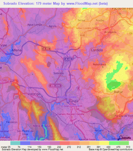 Sobrado,Portugal Elevation Map