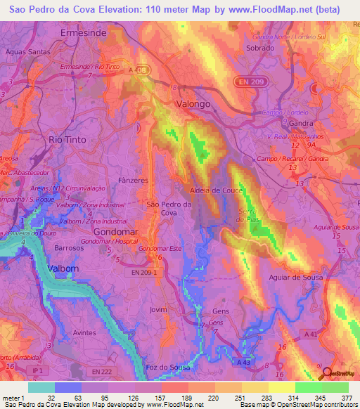 Sao Pedro da Cova,Portugal Elevation Map