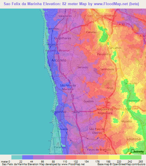 Sao Felix da Marinha,Portugal Elevation Map