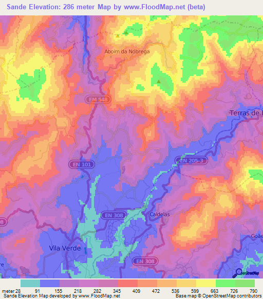 Sande,Portugal Elevation Map