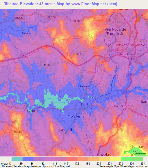 Ribeirao,Portugal Elevation Map