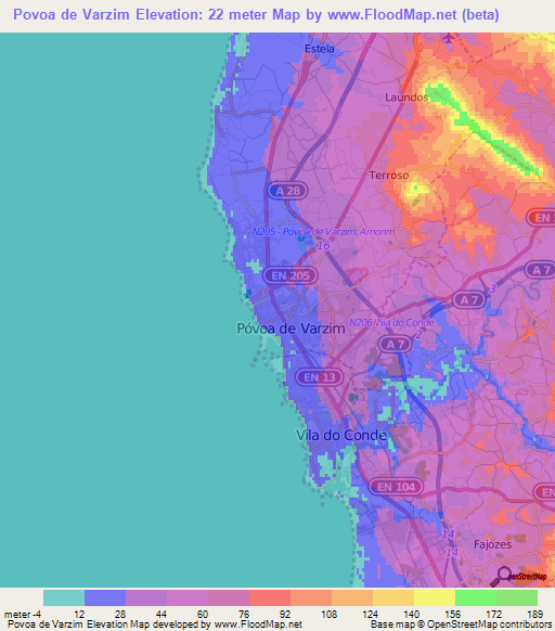 Povoa de Varzim,Portugal Elevation Map