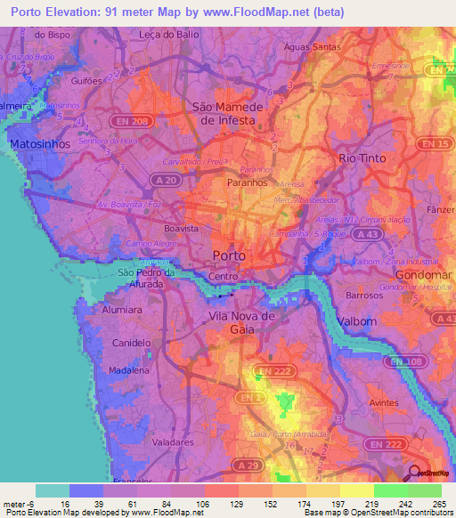 Porto,Portugal Elevation Map