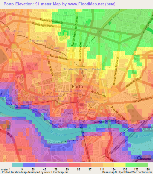 Porto,Portugal Elevation Map