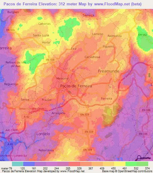 Pacos de Ferreira,Portugal Elevation Map