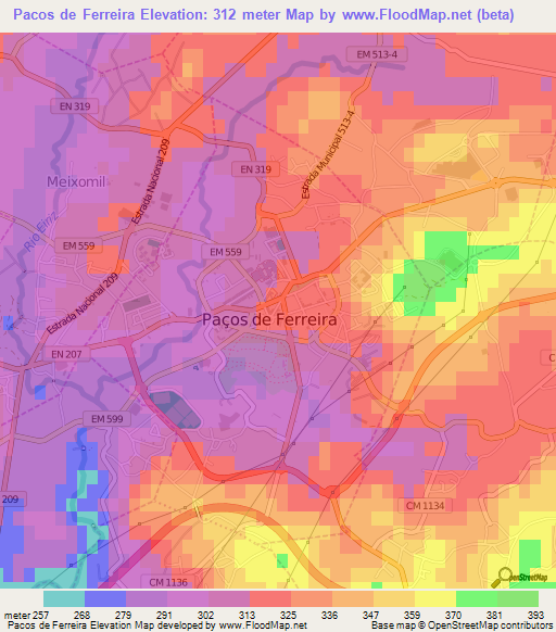 Pacos de Ferreira,Portugal Elevation Map