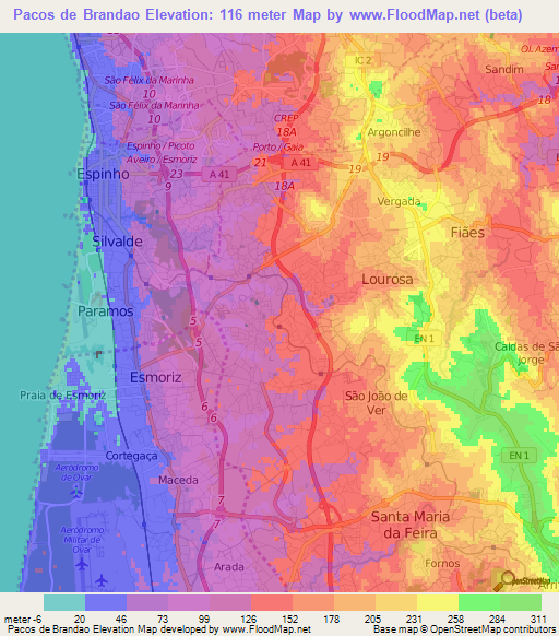 Pacos de Brandao,Portugal Elevation Map