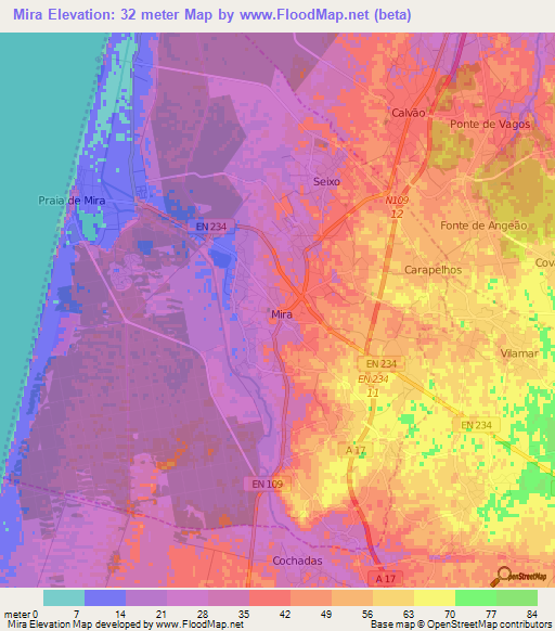 Mira,Portugal Elevation Map