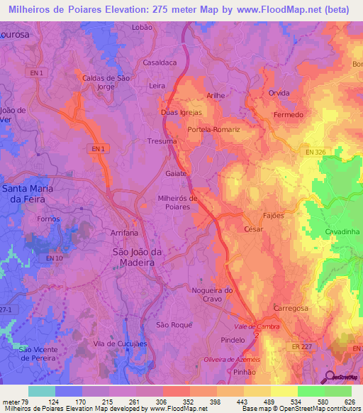 Milheiros de Poiares,Portugal Elevation Map