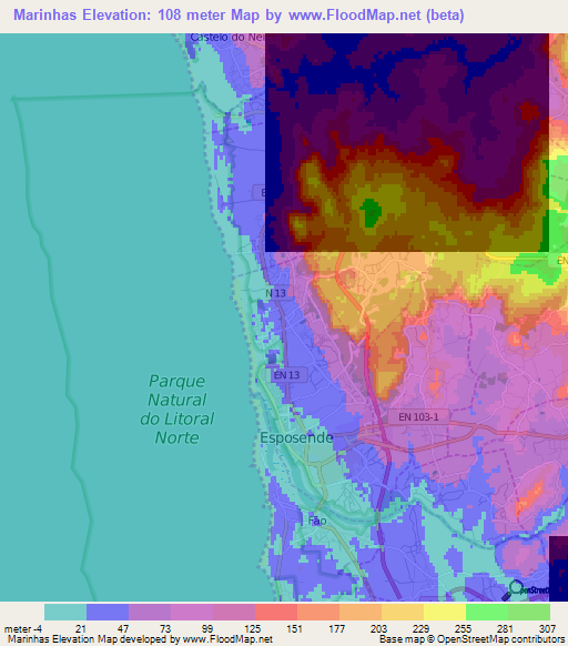 Marinhas,Portugal Elevation Map