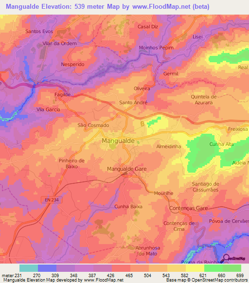 Mangualde,Portugal Elevation Map
