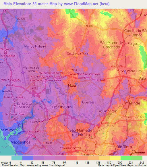 Maia,Portugal Elevation Map
