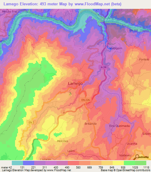 Lamego,Portugal Elevation Map