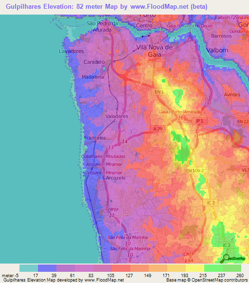 Gulpilhares,Portugal Elevation Map