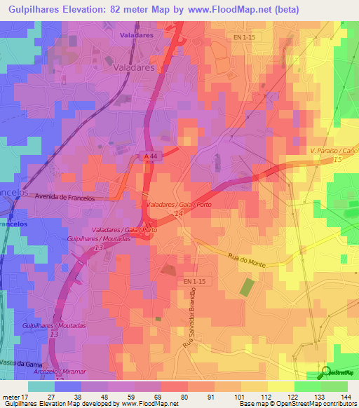 Gulpilhares,Portugal Elevation Map