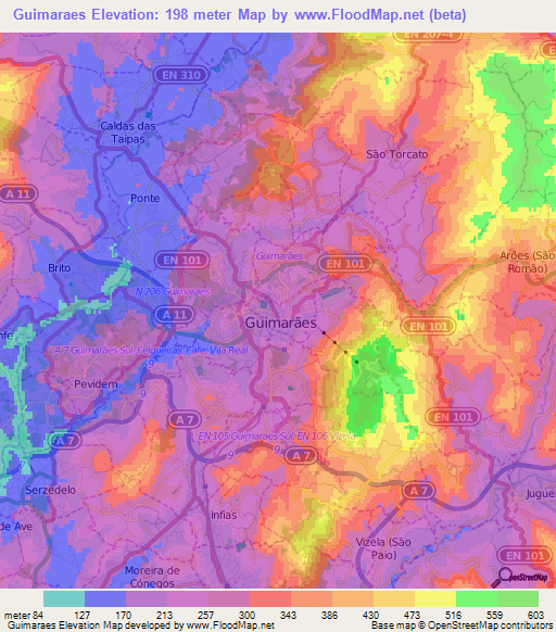 Guimaraes,Portugal Elevation Map