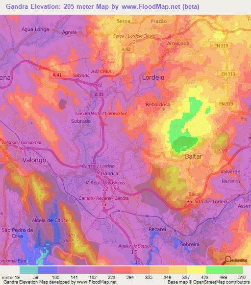 Gandra,Portugal Elevation Map