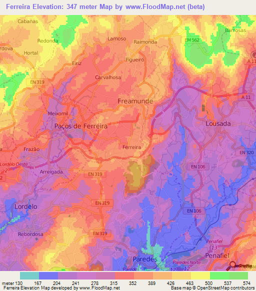 Ferreira,Portugal Elevation Map