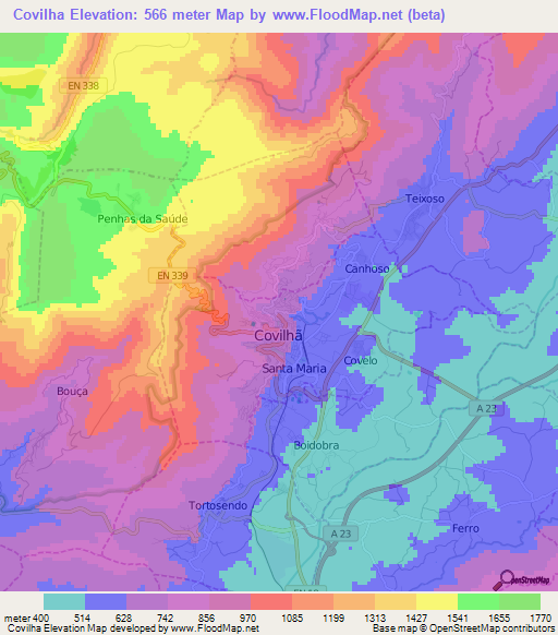 Covilha,Portugal Elevation Map