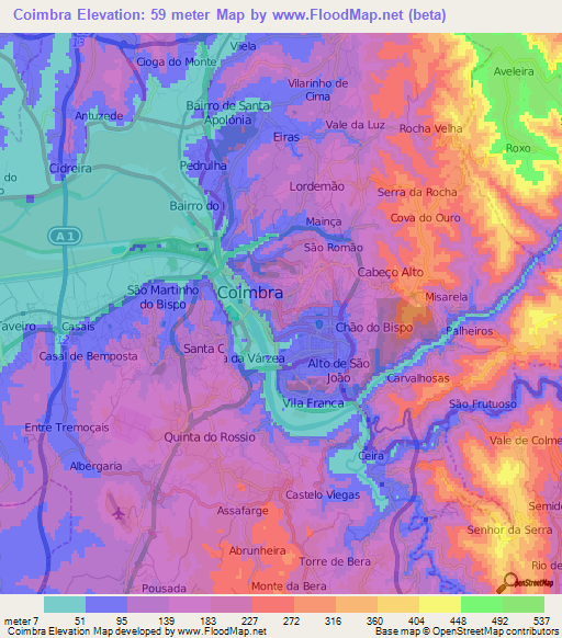 Coimbra,Portugal Elevation Map