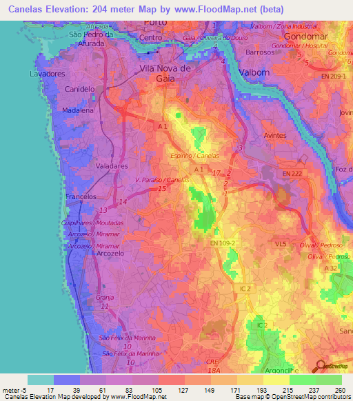 Canelas,Portugal Elevation Map