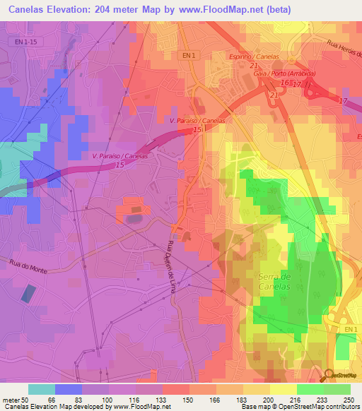 Canelas,Portugal Elevation Map