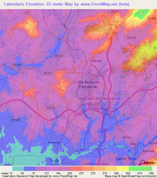 Calendario,Portugal Elevation Map