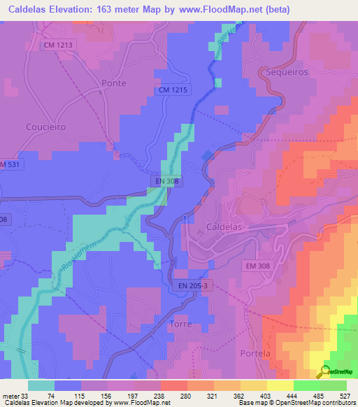 Caldelas,Portugal Elevation Map