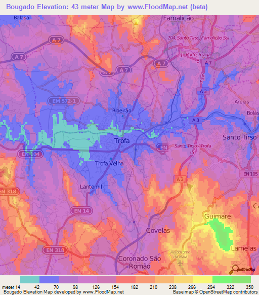 Bougado,Portugal Elevation Map