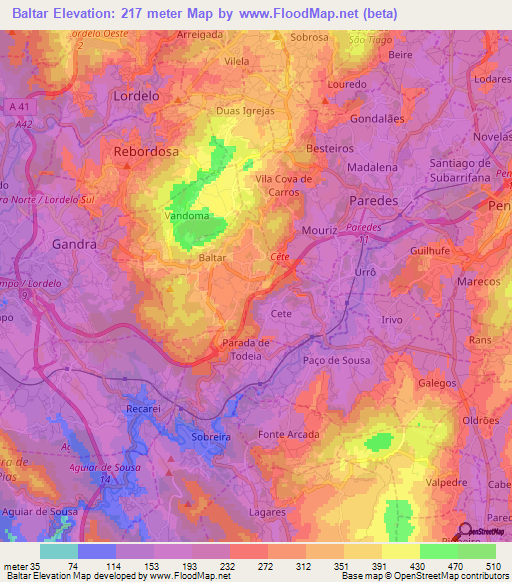 Baltar,Portugal Elevation Map