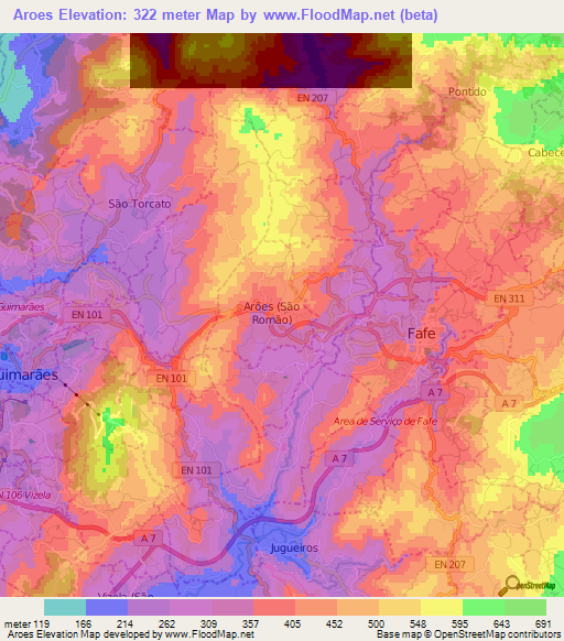 Aroes,Portugal Elevation Map