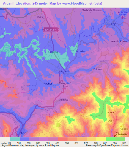 Arganil,Portugal Elevation Map