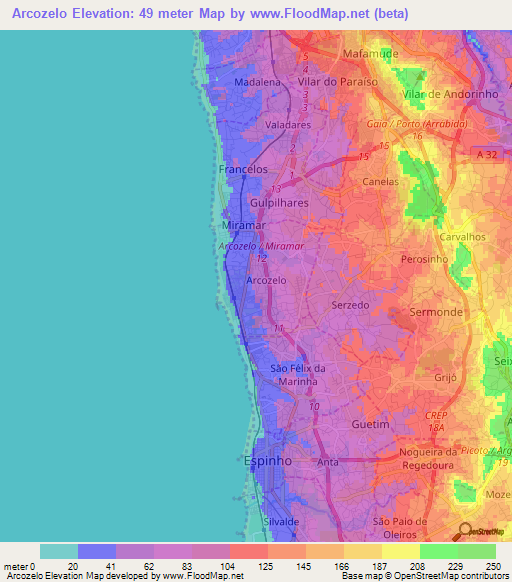 Arcozelo,Portugal Elevation Map
