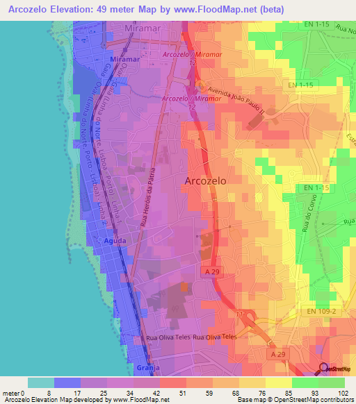 Arcozelo,Portugal Elevation Map