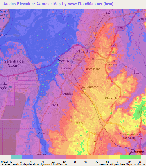 Aradas,Portugal Elevation Map
