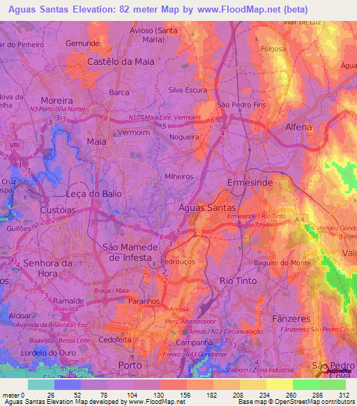 Aguas Santas,Portugal Elevation Map