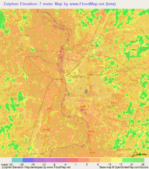 Zutphen,Netherlands Elevation Map