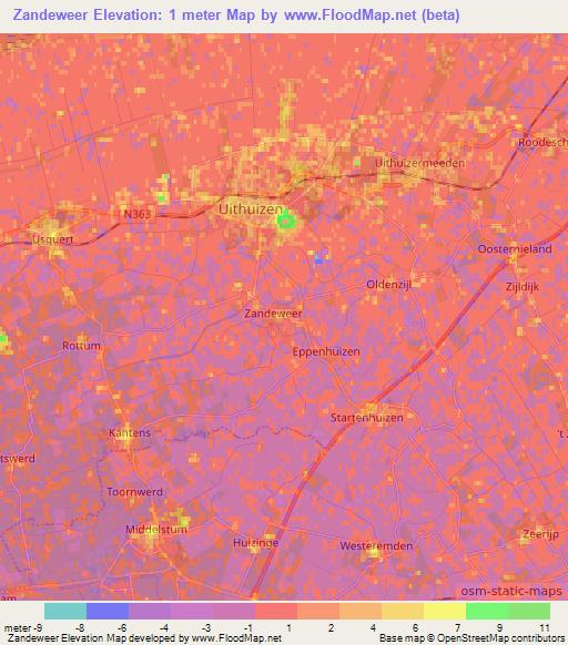Zandeweer,Netherlands Elevation Map